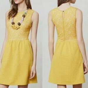 Anthropologie Maeve mustard yellow dress lace overlay sleeveless fit & flare M